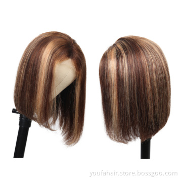 Wholesale 4/27 Highlight Honey Blonde Cut Short Bob Wig Piano Color Pre Plucked Ombre Straight Bob Transparent HD 4x4 Lace Wig